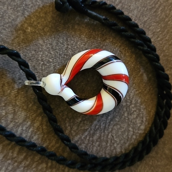Handblown Striped Glass Round Pendant Rope Necklace - Picture 4 of 4